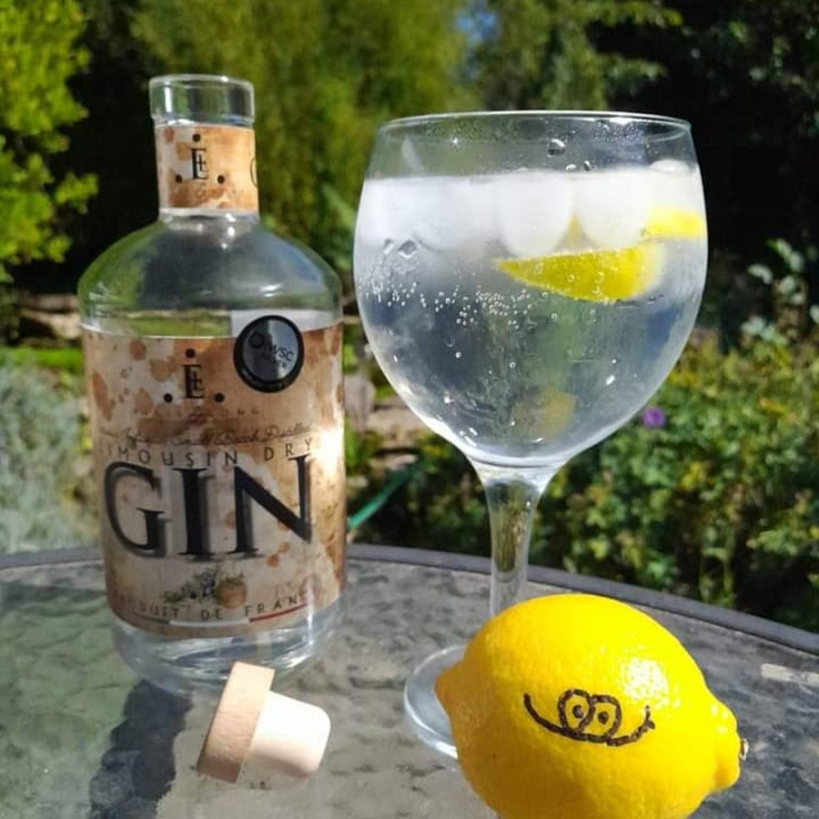 A serving of Limousin Dry Gin in a large, ballon glass with ice and lemon.